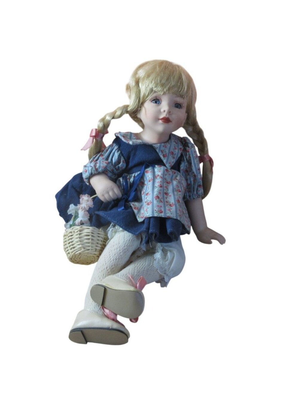 Porcelain 16" Sitting Girl Doll - Blonde Pig Tails - Blue Dress Floral Accents